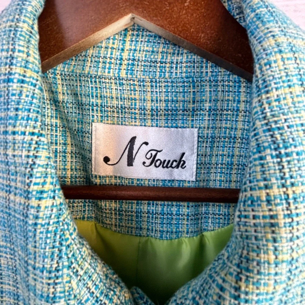 Vintage‎ Mod Coastal Grandmacore Tweed Jacket L Boxy Teal Blue Yellow Woven Poly